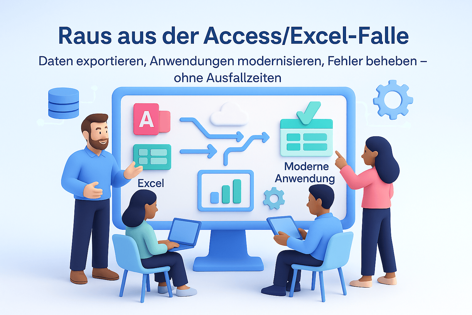 Raus aus der Access/Excel-Falle: Team migriert Daten aus Access und Excel in eine moderne Anwendung – exportieren, modernisieren, ohne Ausfallzeiten.