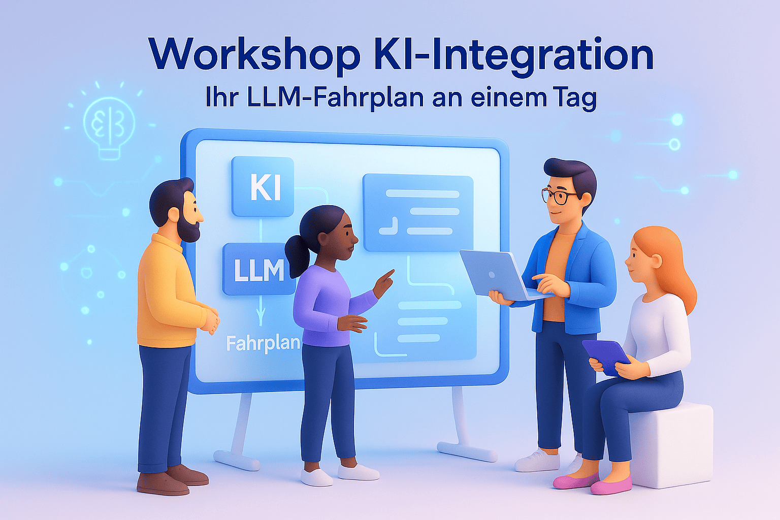 Workshop KI-Integration: Team erarbeitet an einem Tag den LLM-Fahrplan vor Whiteboard mit KI/LLM-Karten und Diagrammen.
