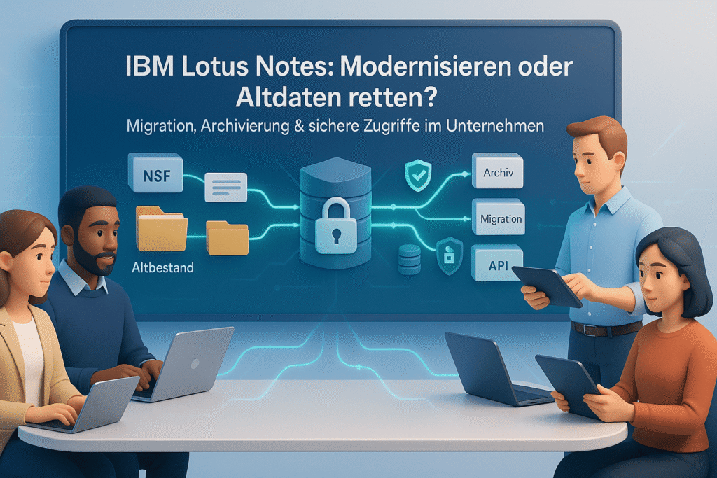 IBM Lotus Notes: Modernisieren oder Altdaten retten? Tafel zeigt Migration, Archivierung und sichere Zugriffe; Team arbeitet mit Laptops/Tablets.
