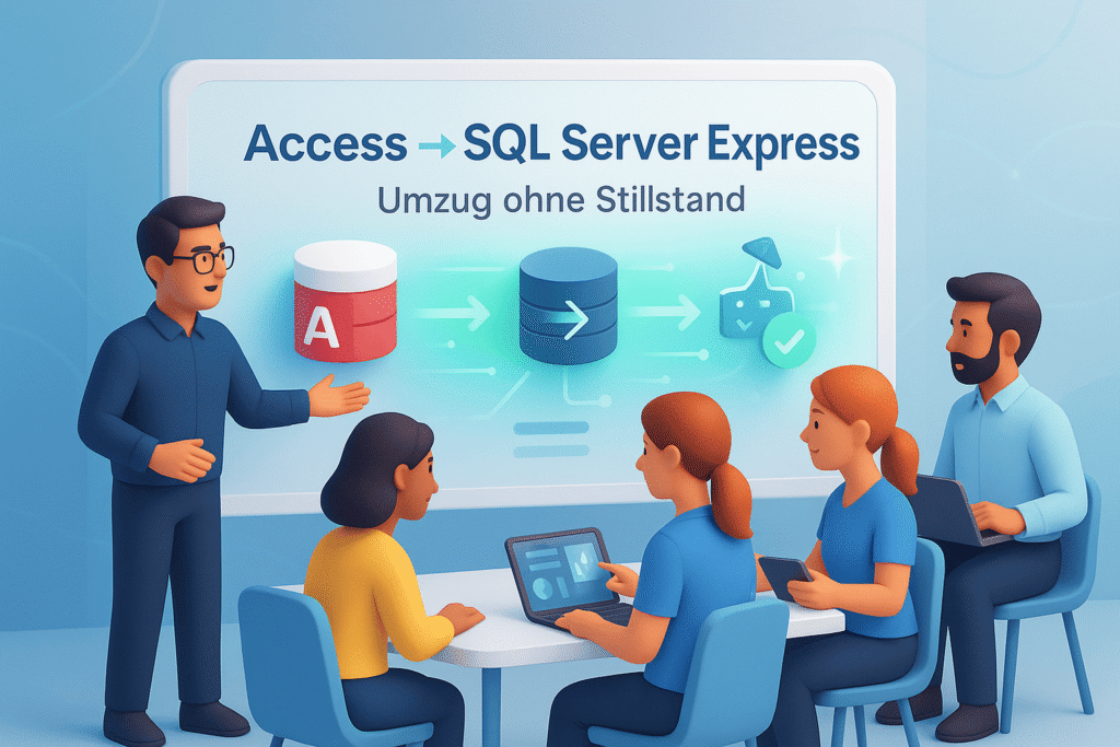 Access → SQL Server Express: Umzug ohne Stillstand; Dozent erklärt Migrationspfad, Pfeile zwischen Access-DB und SQL-Datenbank, Team am Tisch.