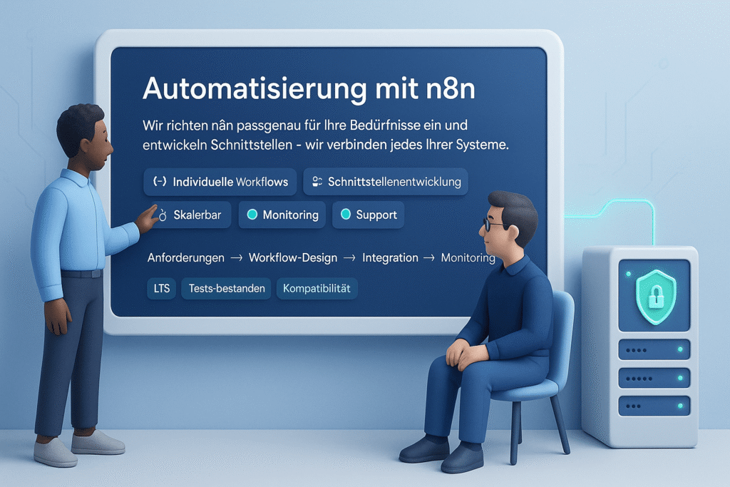 3D-Illustration einer modernen Büroszene mit zwei Fachkräften, die vor einem großen digitalen Bildschirm über Automatisierung mit n8n sprechen. Auf dem Bildschirm sind deutschsprachige UI-Elemente zu sehen: Titel, Untertitel, Workflow-Schritte und Schaltflächen wie „Individuelle Workflows“, „Schnittstellenentwicklung“, „Monitoring“ und „Support“. Rechts steht ein kompakter Server mit grün leuchtendem Schloss-Symbol, verbunden durch eine feine, leuchtende Linie. Die Szene ist in Blau- und Grautönen mit sanften Cyan-Akzenten gehalten, freundlich und technisch sauber ausgeleuchtet.
