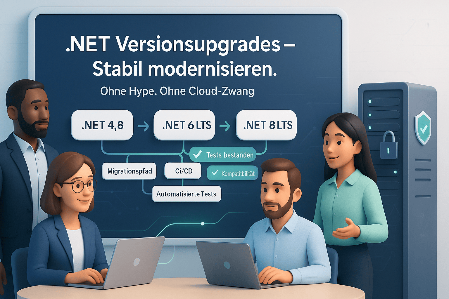 Team modernisiert .NET-Anwendungen: Upgrade von .NET 4.8 auf .NET 6/8 LTS mit Migrationspfad, CI/CD und automatisierten Tests – stabil, ohne Cloud-Zwang.