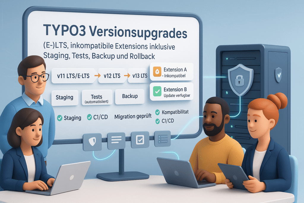 Team modernisiert TYPO3: Upgrade-Pfad v11 LTS/E-LTS → v12 LTS → v13 LTS mit Staging, automatisierten Tests, Backup/Rollback; Status zu Extensions (A inkompatibel, B Update verfügbar); sicherer Server im Hintergrund.