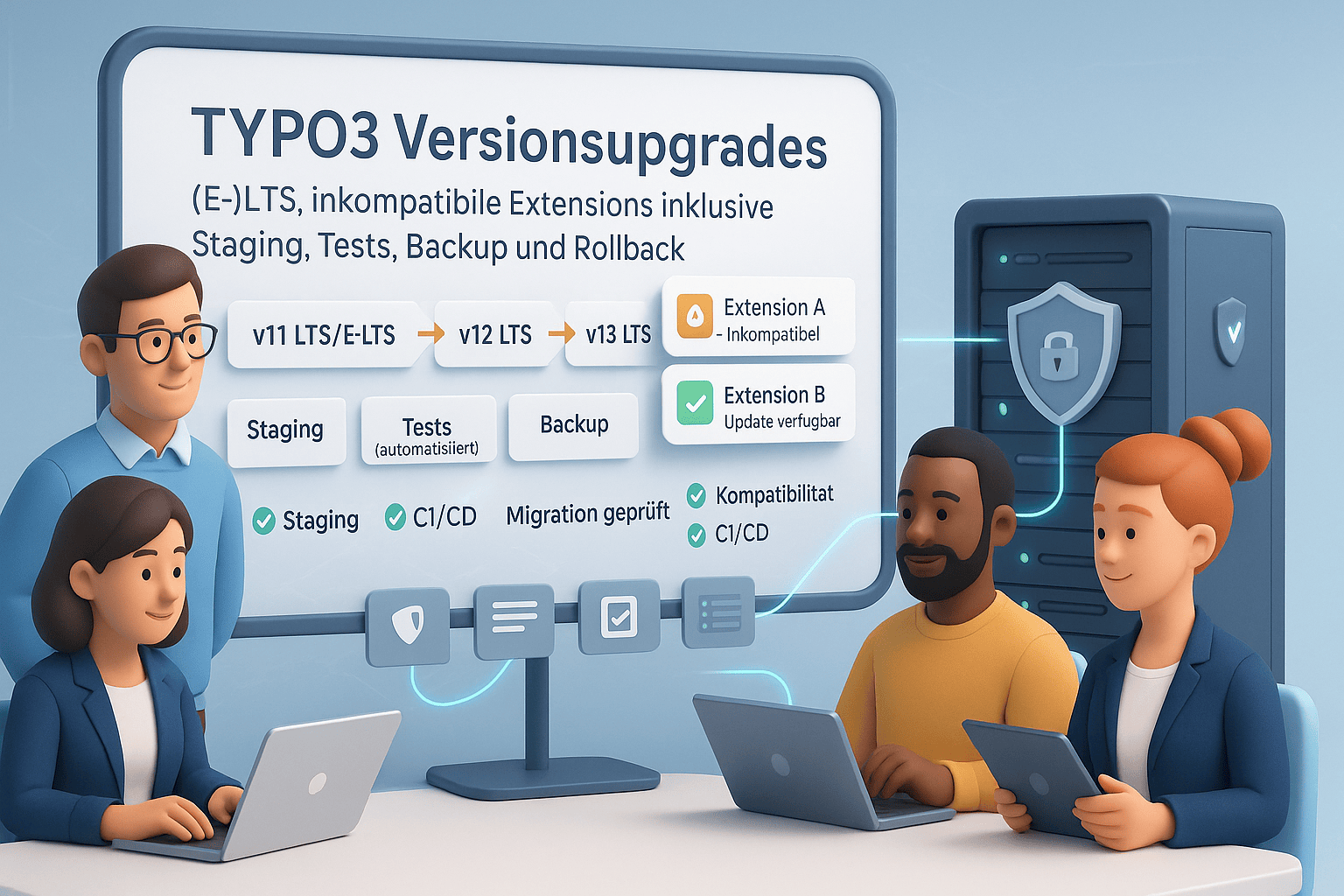 Team modernisiert TYPO3: Upgrade-Pfad v11 LTS/E-LTS → v12 LTS → v13 LTS mit Staging, automatisierten Tests, Backup/Rollback; Status zu Extensions (A inkompatibel, B Update verfügbar); sicherer Server im Hintergrund.